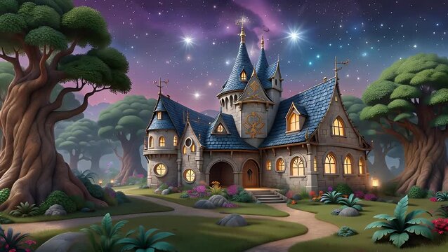 Themed Looping 4K Time Lapse Animation Background of an Enchanted Castle and Forest Under a Glittering Night Sky Full of
