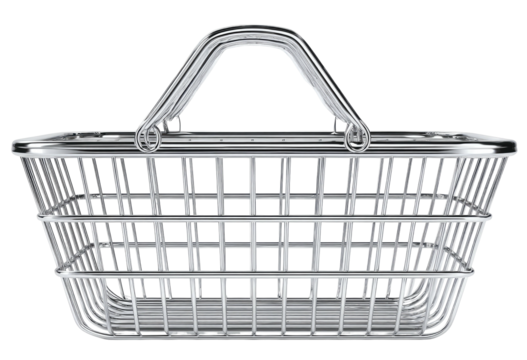 Shiny metal shopping basket with wire grid design and handle