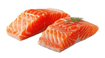 Two fresh salmon fillets with a sprig of green herb on top