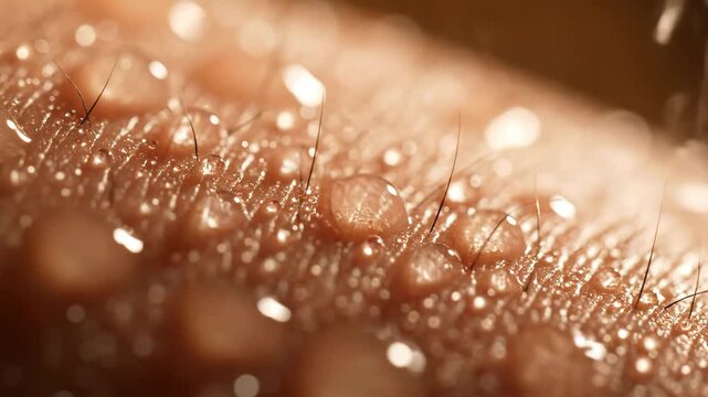 Macro view of human skin with shimmering water droplets and fine body hair