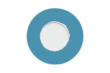 Torn round blue paper with ripped edges creating a circular hole with white cardboard on transparent background