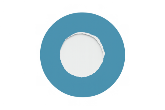 Torn round blue paper with ripped edges creating a circular hole with white cardboard on transparent background - Powered by Adobe