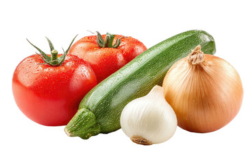 Fresh tomatoes, zucchini, and onions on a black background