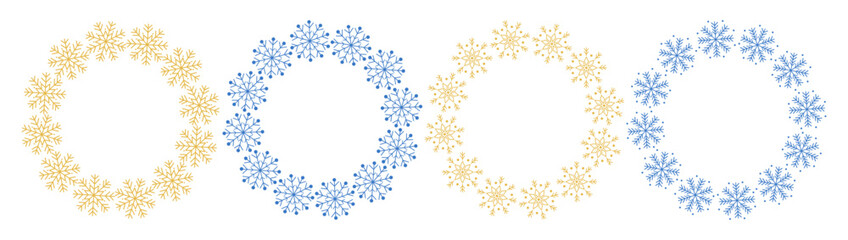 Elegant geometric snowflake wreaths in gold and blue colors. Minimal winter frames for Christmas and New Year greeting cards, invitations, and festive vector decorations.