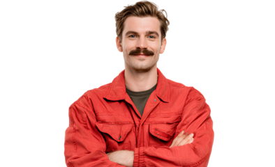 Confident Moustached Man with Arms Crossed Isolated on Transparent Backdrop Posing in Red Workwear