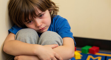Crying Child Alone in a Corner with Toys on the Floor for Social Awareness Campaigns, Children’s Mental Health Articles, Parenting Blogs, and Educational Resources