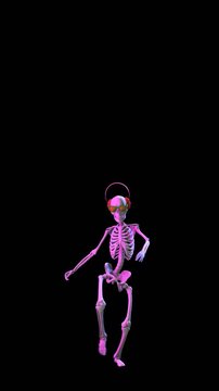 Seamless vertical video of a dancing skeleton with headphones and sunglasses isolated with alpha channel. Funny halloween background for parties and events.