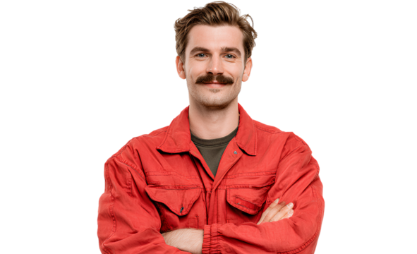 Confident Moustached Man with Arms Crossed Isolated on Transparent Backdrop Posing in Red Workwear