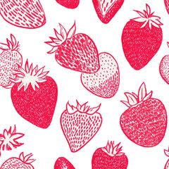 Hand-drawn vibrant red strawberries scattered on black