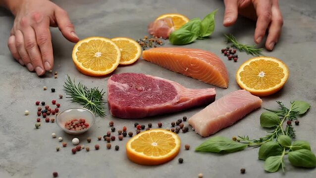 Arrangement of Fresh Raw Beef Steaks Salmon Cod Fillets Orange Slices and Herbs on a Grey Background for a Ketogenic