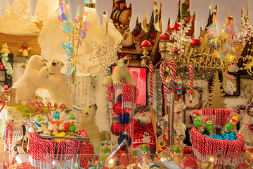 Christmas market stall with different sweets in Montreux, Switzerland