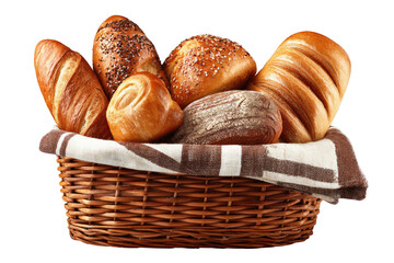 Assorted bread varieties arranged in a rustic woven basket