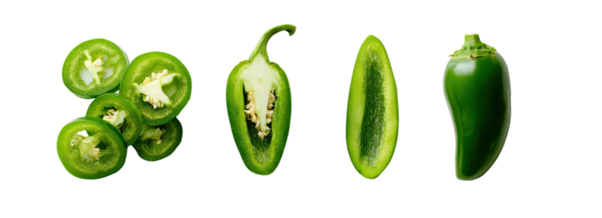 Sliced and whole green chili peppers on black background