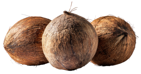 Three whole, textured coconuts with fibrous husks on a dark background