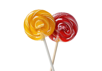 Two swirled lollipops, one yellow, one red, on sticks