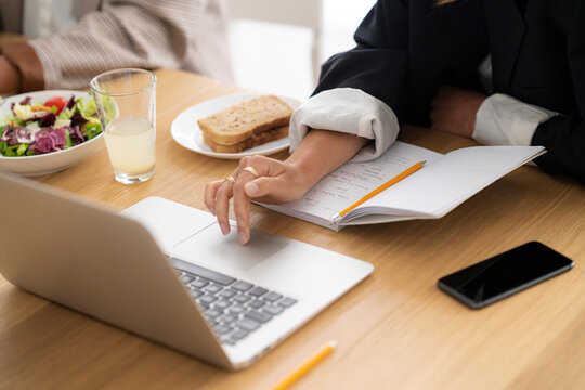 Two individuals share a table during a productive working lunch. One person operates a laptop, with a notebook, healthy salad, and sandwich on the wooden surface.