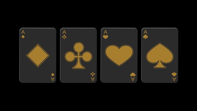 Four playing cards, aces of different suits, animation on a black background. 4K
