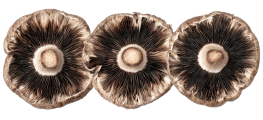 Three portobello mushroom undersides aligned horizontally