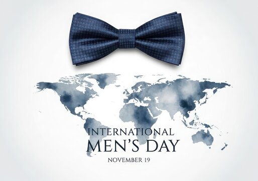 A dark blue denim bow tie rests above a watercolor world map with the text international mens day, november 17 indicating the global observance