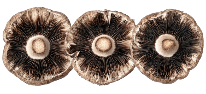 Three portobello mushroom undersides aligned horizontally
