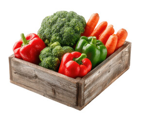 Wooden crate overflowing with fresh broccoli, bell peppers, and carrots