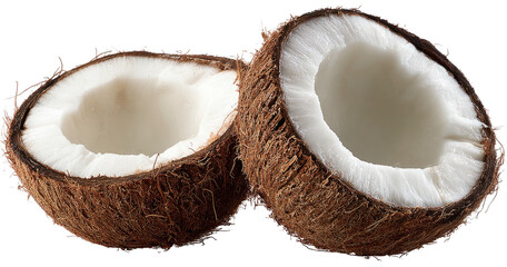 A ripe coconut split in half, revealing white flesh and brown husk