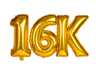 Number 16k Golden Inflatable Foil Balloon Front View, Glossy Metallic Texture, Isolated