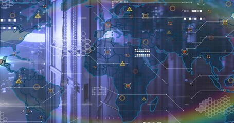 Translucent world map overlay floating in data center, with server racks, hex grid, warning icons