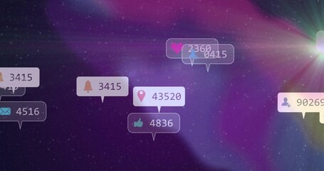 Hovering social media notification icons displaying counts in cosmic scene with green lens flare
