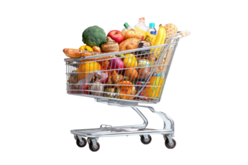 A shopping cart overflowing with a colorful assortment of fresh groceries