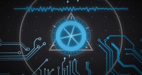 Displaying central HUD element over grid backdrop with triangle frame, waveform and circuit traces