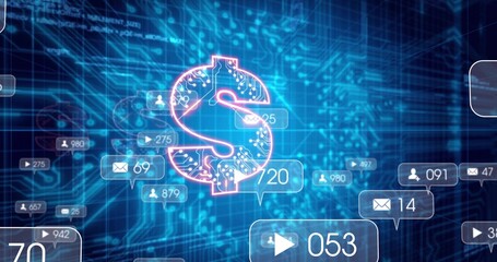 Pulsating neon dollar sign hovering over circuit-board interface, with UI icons and numeric counts