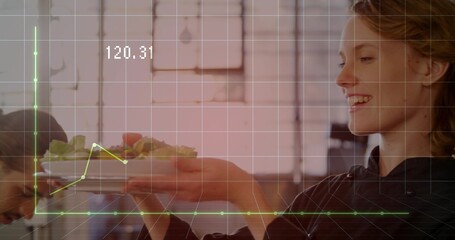 Chef wearing black jacket presenting salad plate at counter, with grid overlay 120