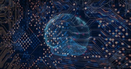 Projecting holographic brain displaying circuit traces and glowing data points in virtual space