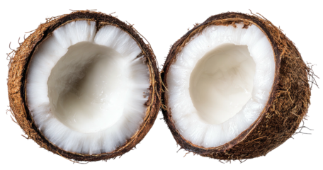 Fresh coconut split in half, revealing white flesh and liquid