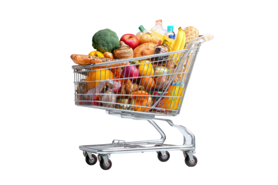 A shopping cart overflowing with a colorful assortment of fresh groceries