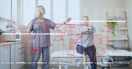 Therapist in scrubs guiding arm extension in clinic with wireframe overlay projecting numeric code