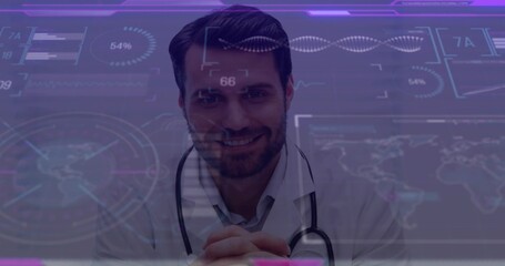 Analyzing doctor wearing stethoscope, lab coat observing holographic map, DNA data gauges in lab