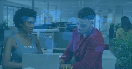 Collaborating office team exchanging ideas at desk with laptop and holographic overlay