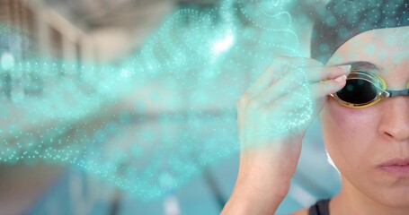 adult swimmer prepping at pool with tinted goggles, swim cap, turquoise wave overlay, copy space