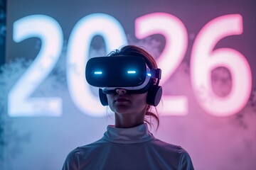 Futuristic woman wearing a VR headset with glowing lights, standing before large illuminated 2026 numbers. Concept of virtual reality, future technology, and innovation in the digital era.