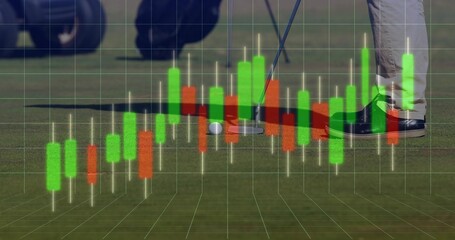 Golfer in golf pants using putter and putting golf ball on green, with candlestick chart overlay