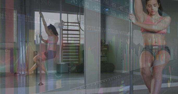 Spinning dancer wearing pink sports bra, shorts on pole in fitness studio, with stock chart overlay - Powered by Adobe