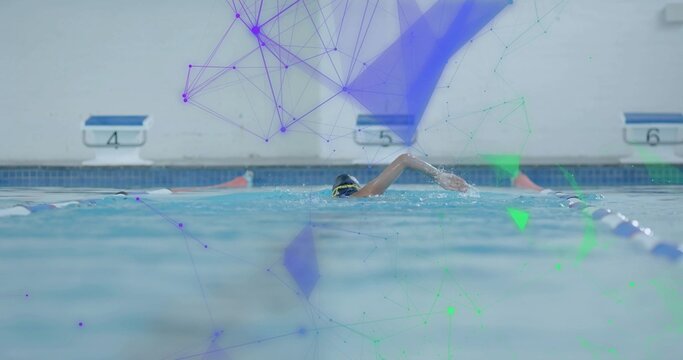 Swimming woman performing freestyle stroke in training pool, with lane ropes and digital overlay - Powered by Adobe