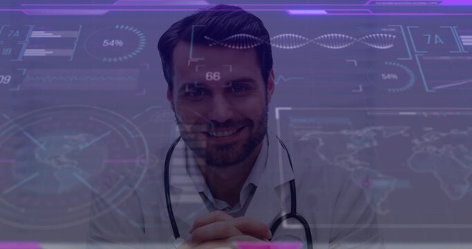 Analyzing doctor wearing stethoscope, lab coat observing holographic map, DNA data gauges in lab