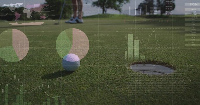 Golfer wearing shorts lining up putt at white ball on green, with digital data overlay