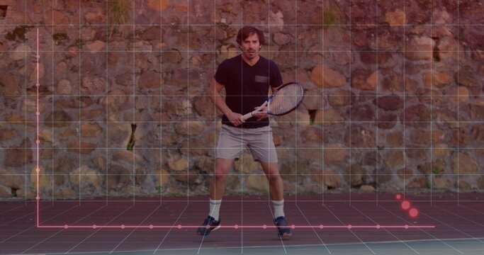 Positioning tennis player holding racket on red court with lines, grid overlay showing data points - Powered by Adobe