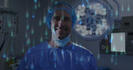 Standing surgeon pulling mask down in blue scrubs under surgical lamp in OR, with binary overlay
