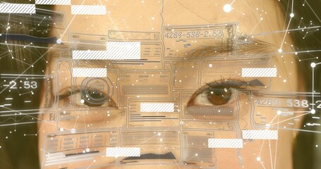 Scanning Chinese woman face on interface, holographic panels, numeric codes, node connections