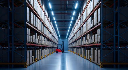 Warehouse aisle with shelves of boxes and a forklift